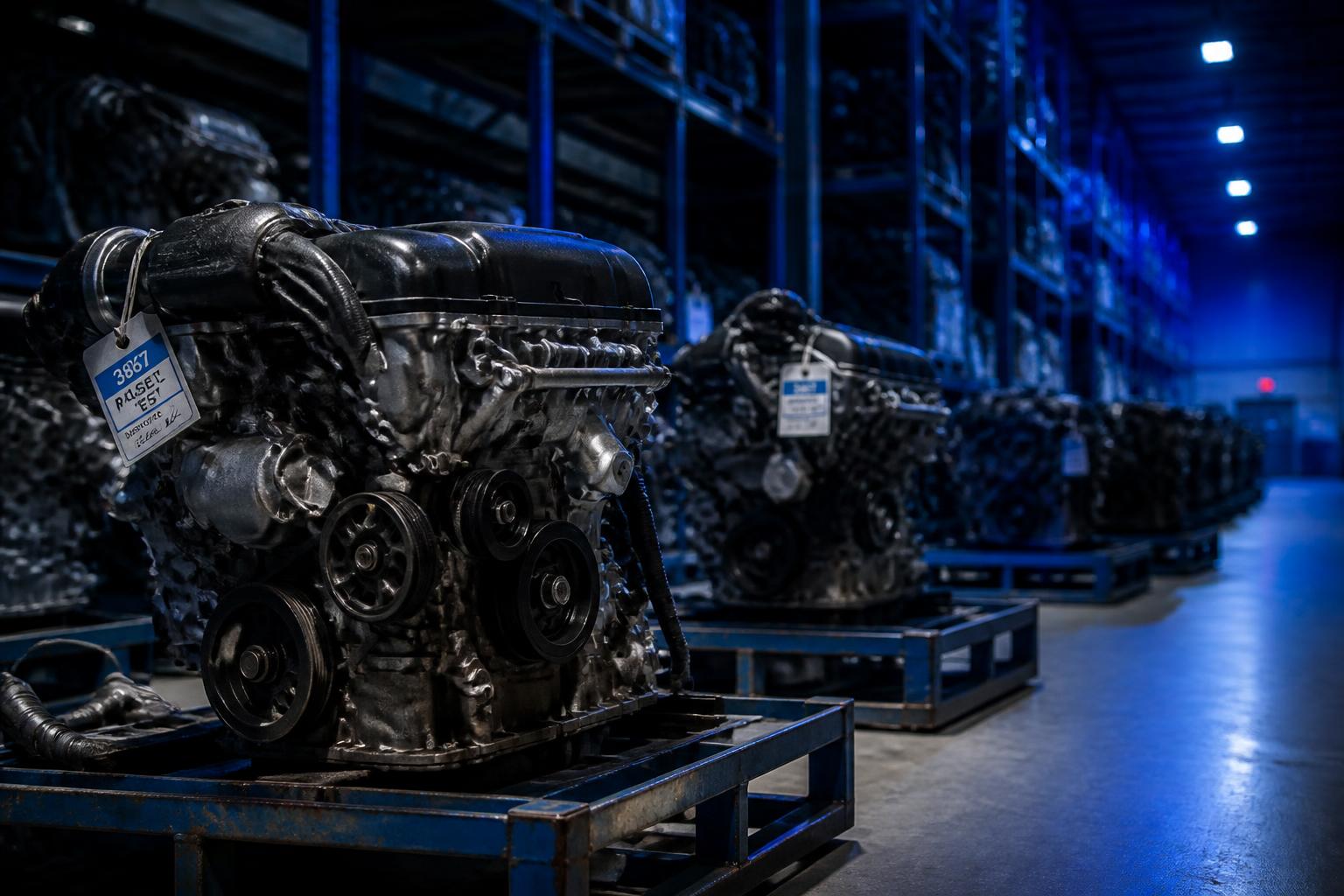 Used engines lined up on pallets in inspection warehouse